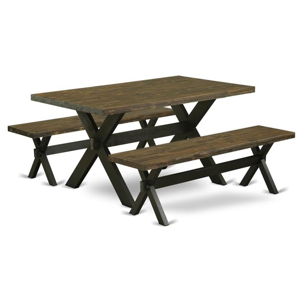 East West Furniture X2-676 3 Piece Kitchen Table Set for Small Spaces Contains a Rectangle Dining Room Table with X-Legs and 2 Dining Bench, 36x60 Inch, Multi-Color
