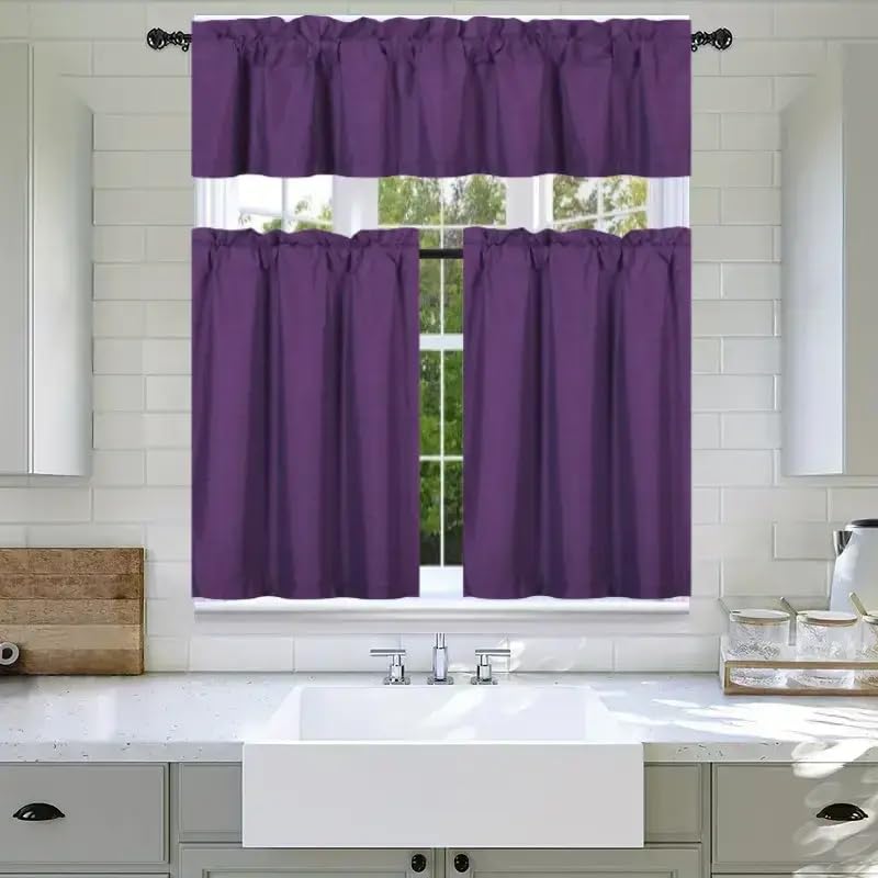 3Pc Set Solid Faux Silk Lined Blackout Rod Pocket Small Kitchen Window Curtain with Valance (K3) (Purple)