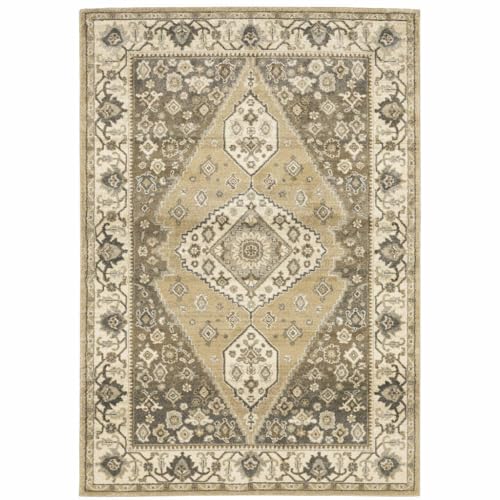 HomeRoots 508865 10 x 13 ft. Beige Gray Tan & Charcoal Oriental Power Loom Stain Resistant Rectangle Area Rug, Rectangular