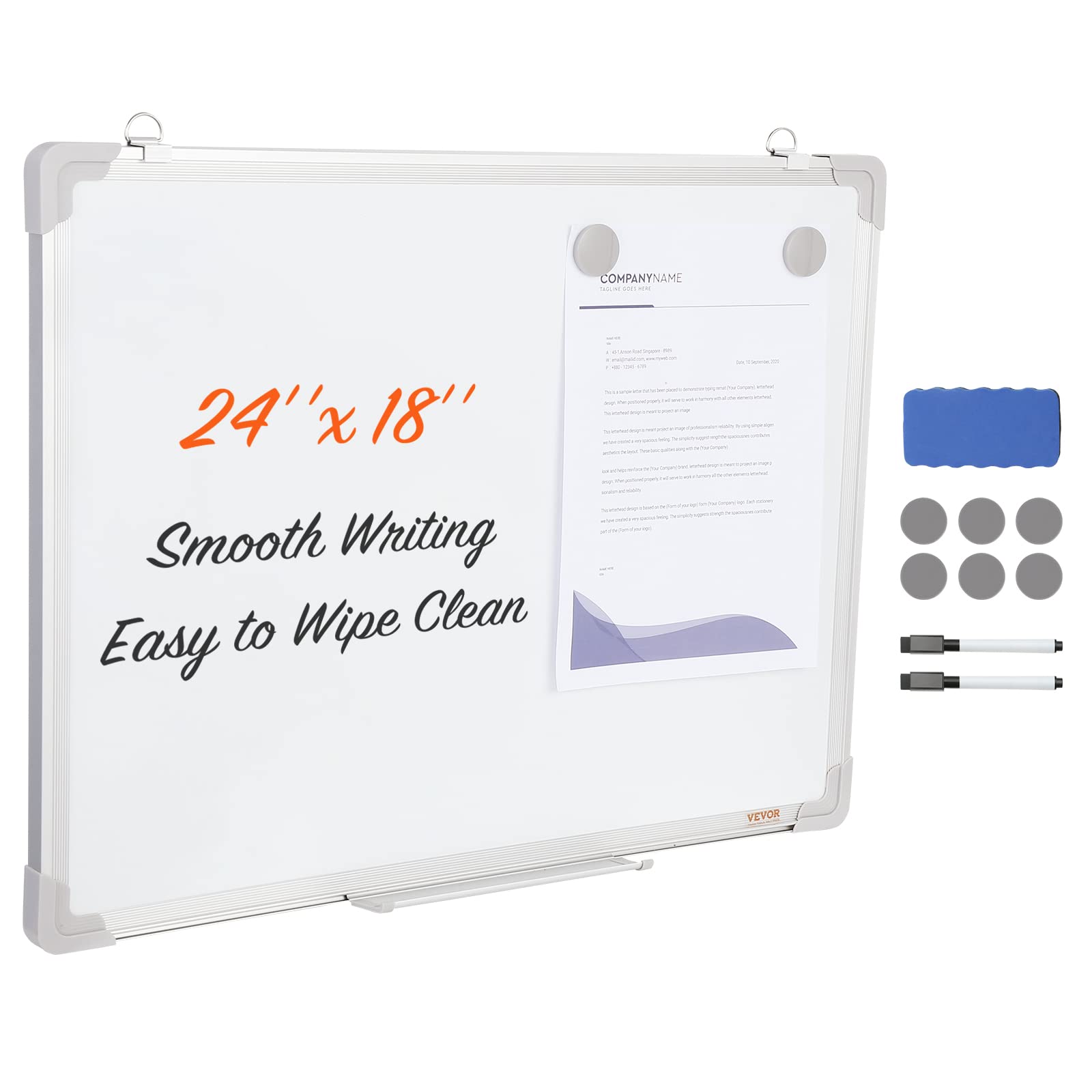 Vevor Magnetic Whiteboard, 24 X 18 Inches, Dry Erase Board For Wall With Aluminum Frame, White Board Includes 1 Magnetic Erase &
