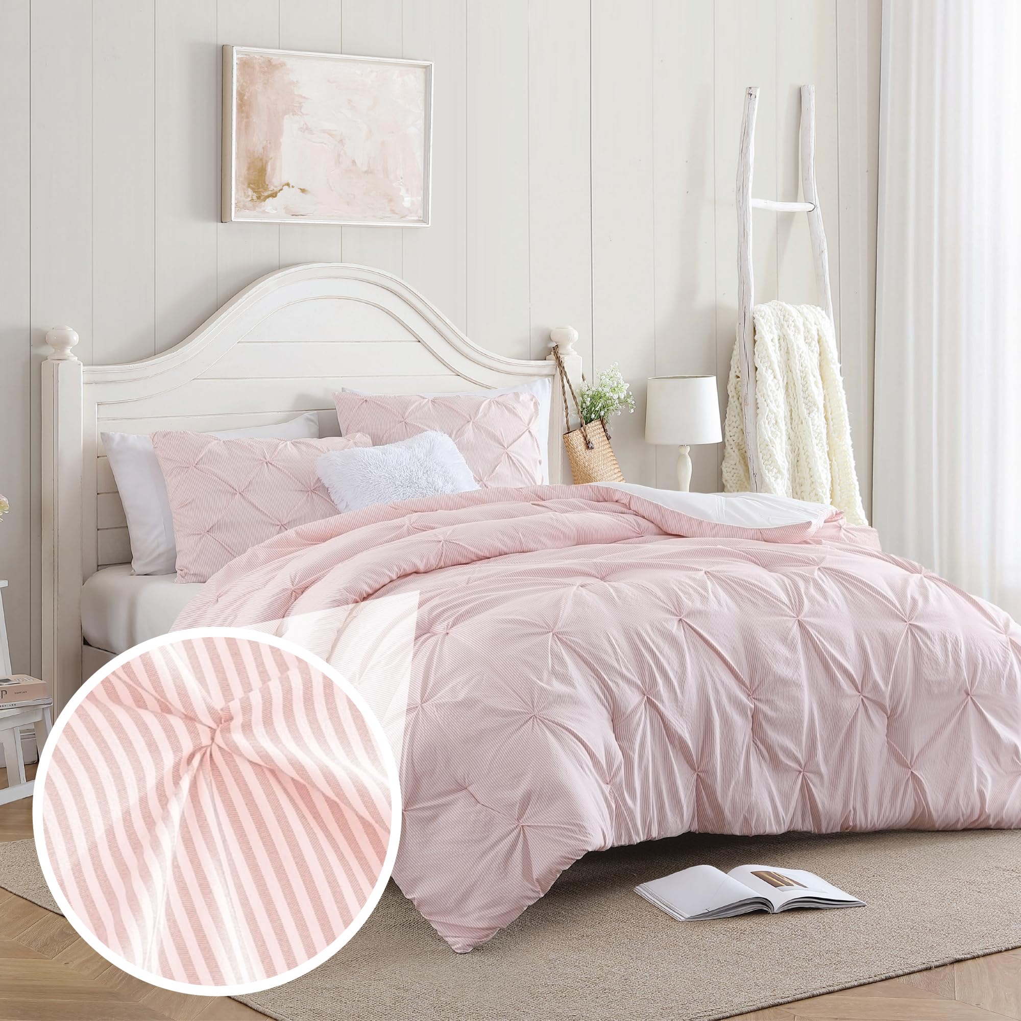 Swift Home Pinstripe Twin/Twin Xl Peach Pink Comforter Set - Classic Pintuck Bedding Set - 2 Pieces Bed Linen, 1 Comforter And 1