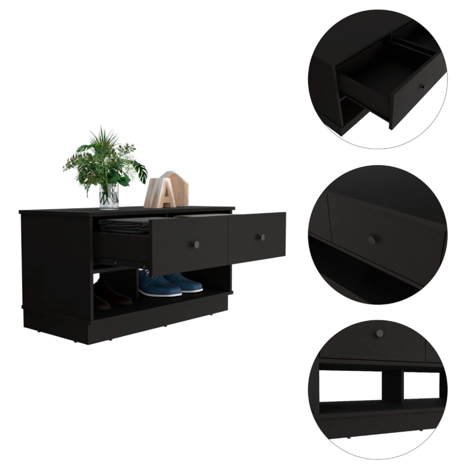 Uranus Storage Bench, 2 Drawers, 2 Open Shelves, Black