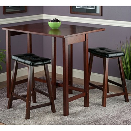 Ergode Harrington Drop Leaf High Table Set | Solid Wood | Walnut Finish | 39.37' W x 31.5' D x 36.22' H | Includes 2 Stools | Fully Assembled (94346-VV)