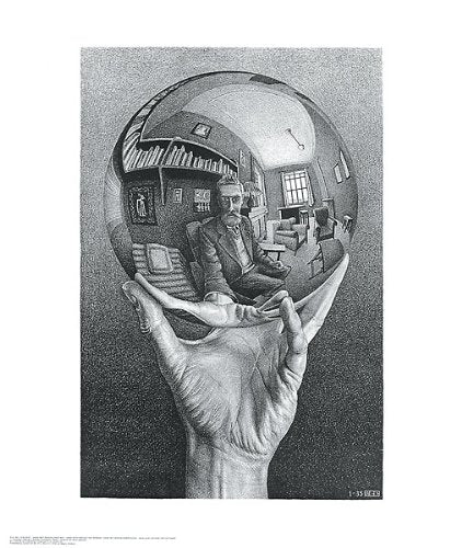 Hand with Reflecting Sphere, Art Poster by M.C. Escher