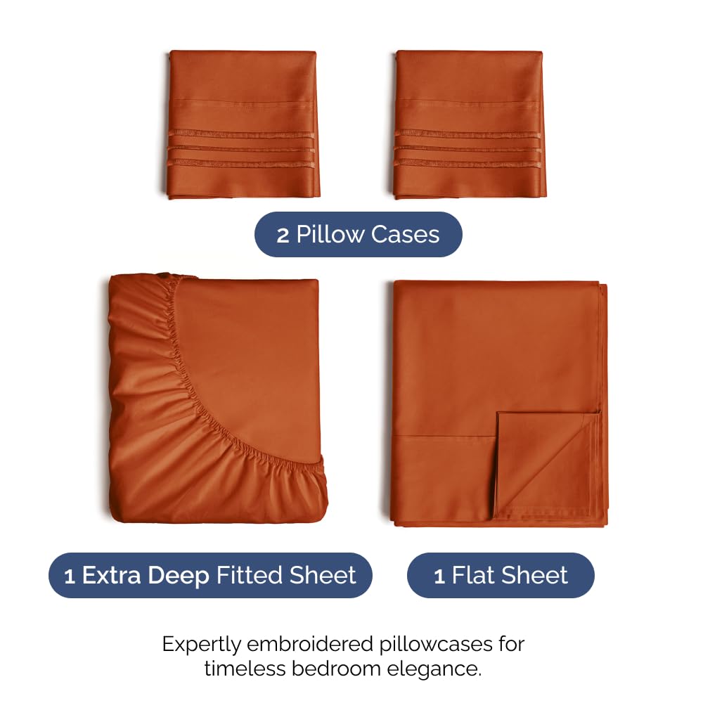 Extra Deep Pocket Cal King Sheets - 4 Piece Breathable & Cooling Bed Sheets - Hotel Luxury Sheet Set - Soft, Wrinkle Free & Comfy - Easily Fits Extra Deep Mattresses - Deep Pocket Terracotta Sheets