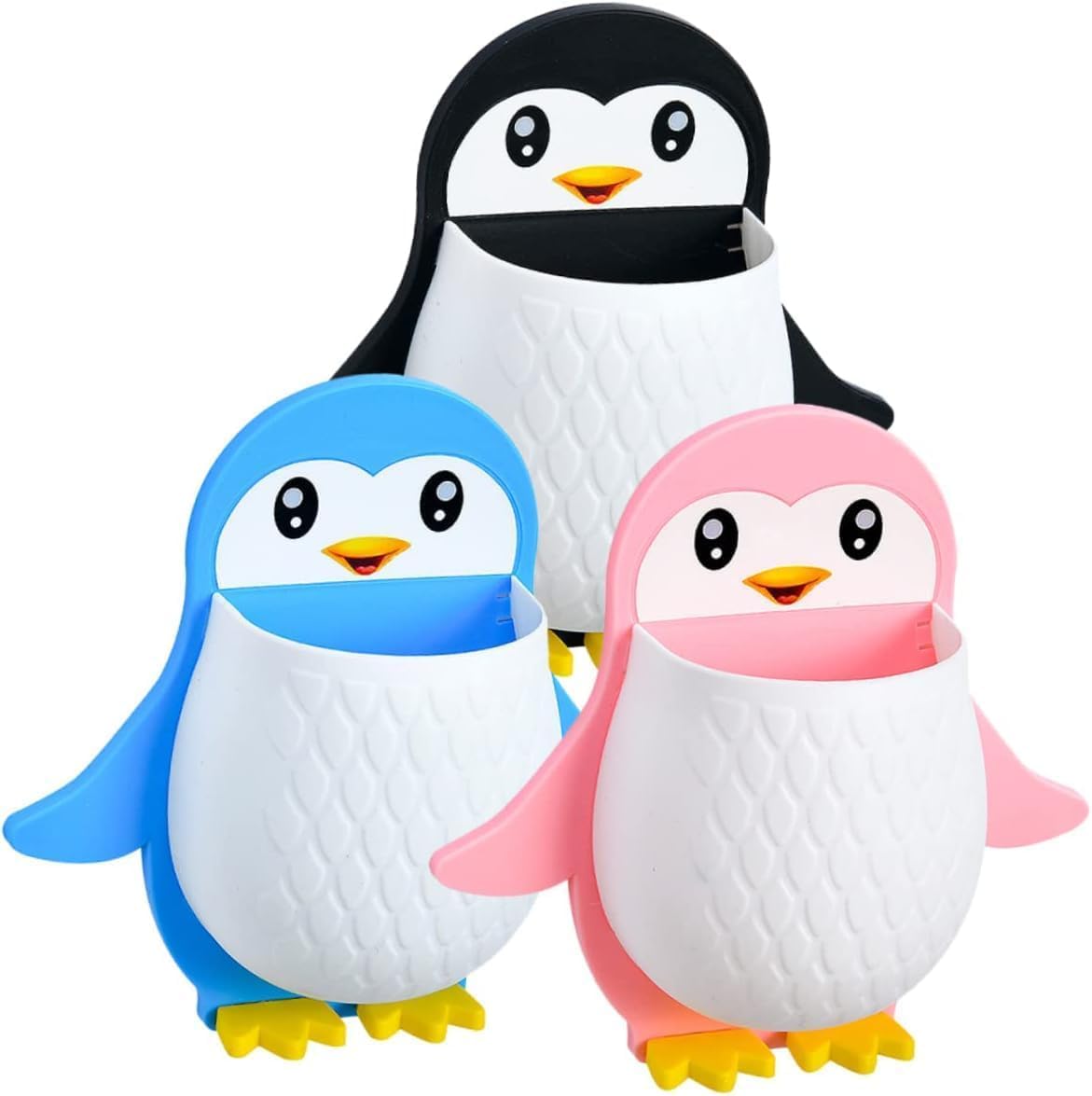 BRAHVIM ENTERPRISE Toothbrush Holder, Plastic Wall Mounted Penguin Shape Storage Organizer for Bathroom with Self Adhesive Stick
