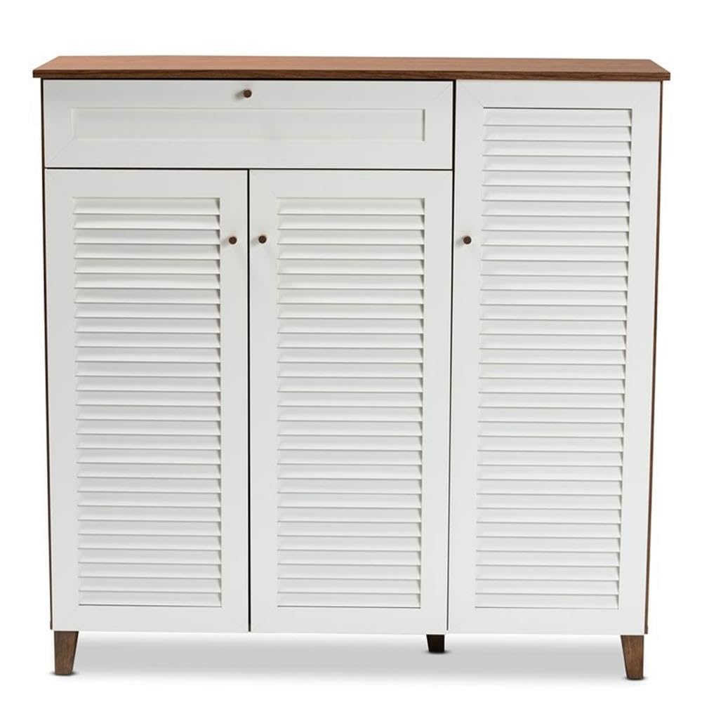 Baxton Studio Coolidge Walnut Finished 11-Shelf Wood Shoe Cabinet with Drawer