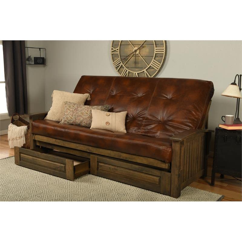 Kodiak Furniture Washington Queen Size Futon Frame with Storage Drawers - Wood Futon Frame with Mattress Included in Saddle Brown Color