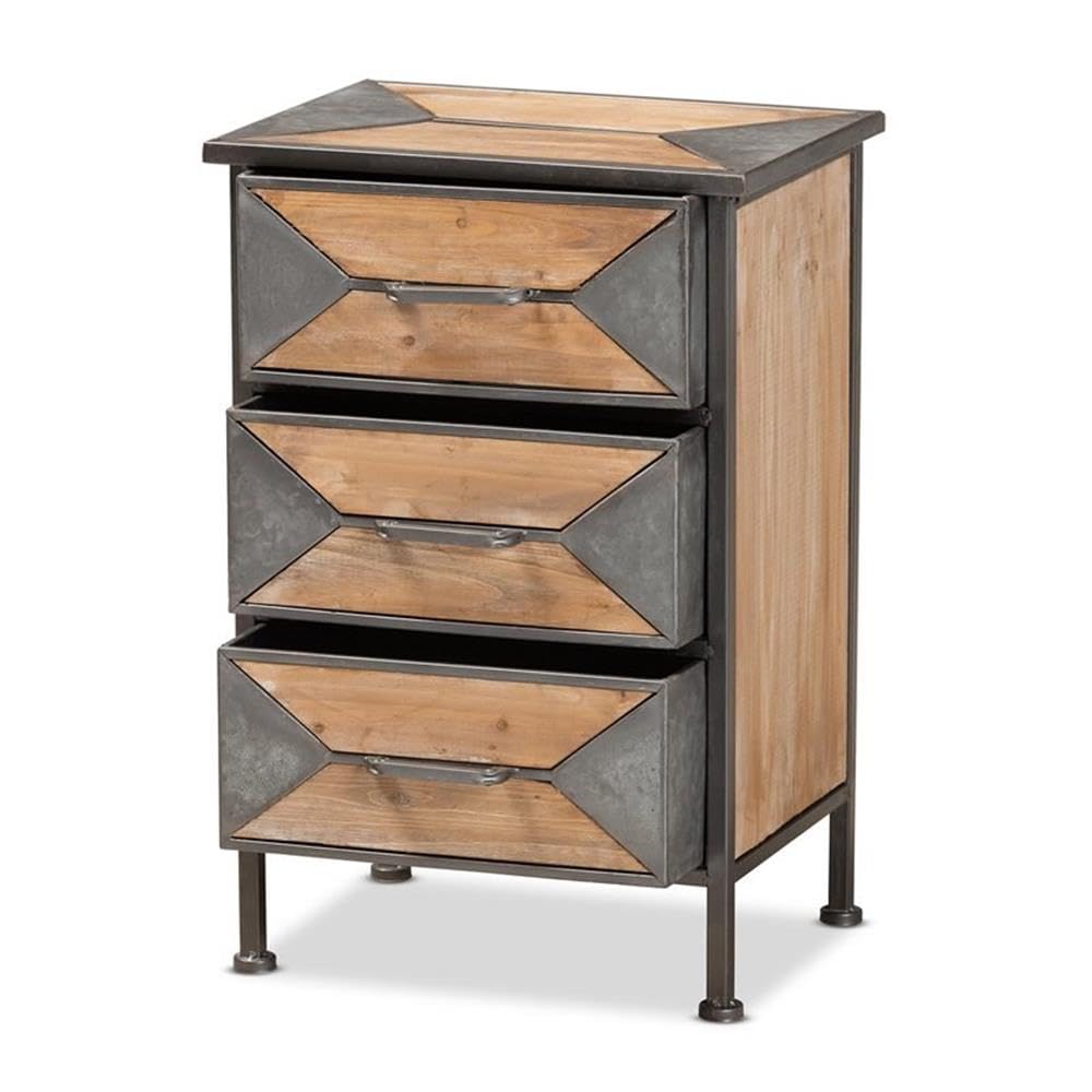 Baxton Studio Laurel Rustic Industrial Antique Grey Finished Metal and Whitewashed Oak Brown Finished Wood 3-Drawer Nightstand
