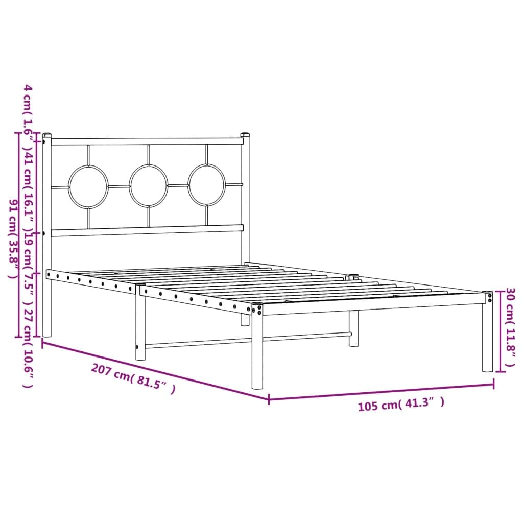vidaXL White Steel Single Bed Frame with Headboard - Industrial Style, 39.4"x78.7" Mattress Compatible, Bedroom Platform Bed