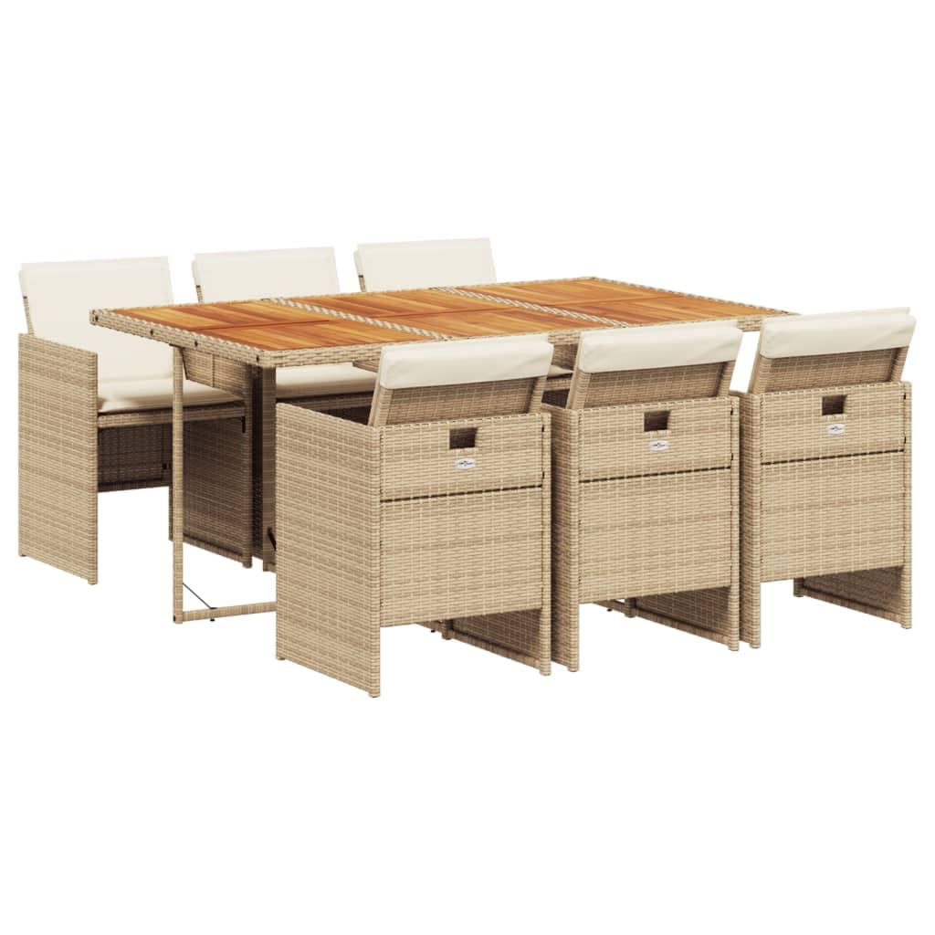 vidaXL Patio Dining Set - 7 Piece Garden Furniture, Cushions Included, Beige PE Rattan & Acacia Wood for Outdoor Patio/Deck/Backyard