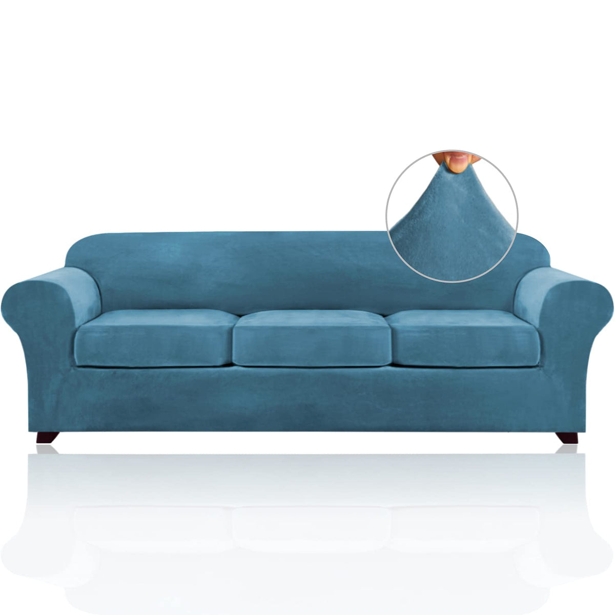 4 Pieces Sofa Covers Stretch Velvet Couch Covers For 3 Cushion Sofa Slipcovers Soft Sofa Slip Covers Furniture Covers With 3 Individual Seat Cushion Covers, Machine Washable (X-Large, Blue)