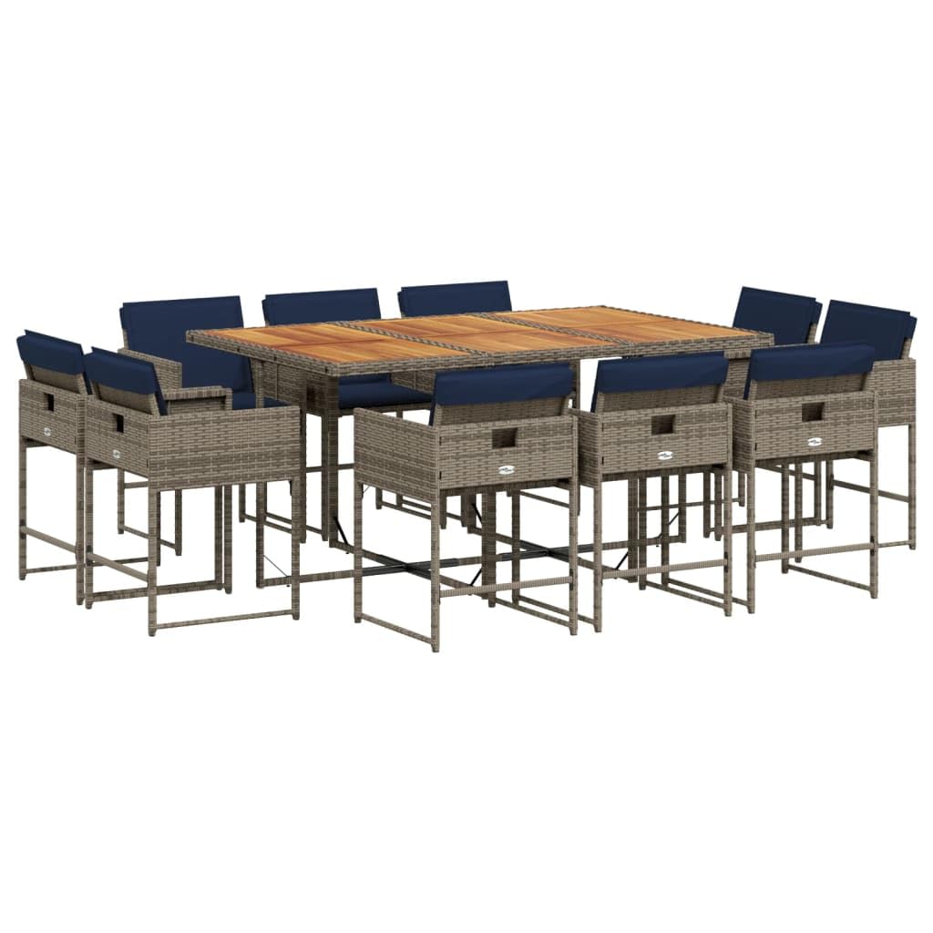 vidaXL 11-Piece Patio Dining Set - Gray Poly Rattan, Navy Cushions, Foldable Chairs, Acacia Wood Table for Garden, Backyard, Outdoor