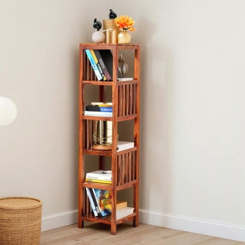 Royaloak Jordon Bookshelf with 5 Racks | Sheesham Wood | Honey Finish | Rustic Design | SpaceSaving Vertical Design | 5 Spaciou