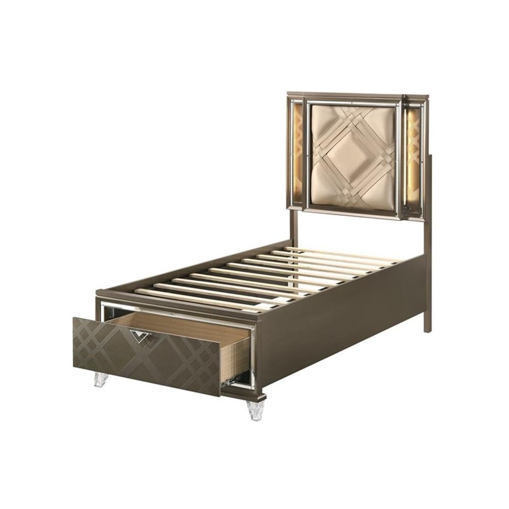 Acme Skylar Faux Leather Full Storage Bed with LED in Dark Brown Champagne