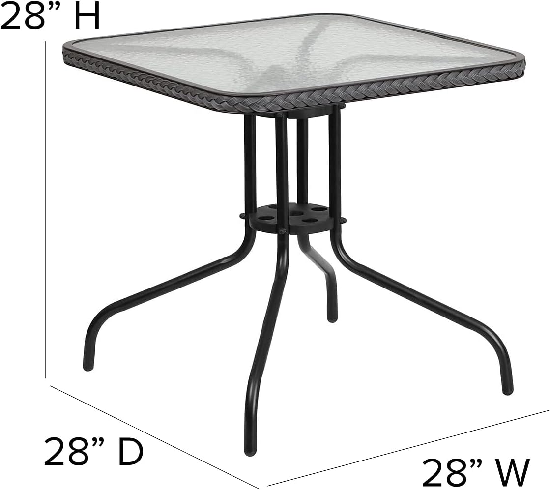 28 Square Glass Metal Table with Gray Rattan Edging and 4 Gray Rattan Stack Chairs