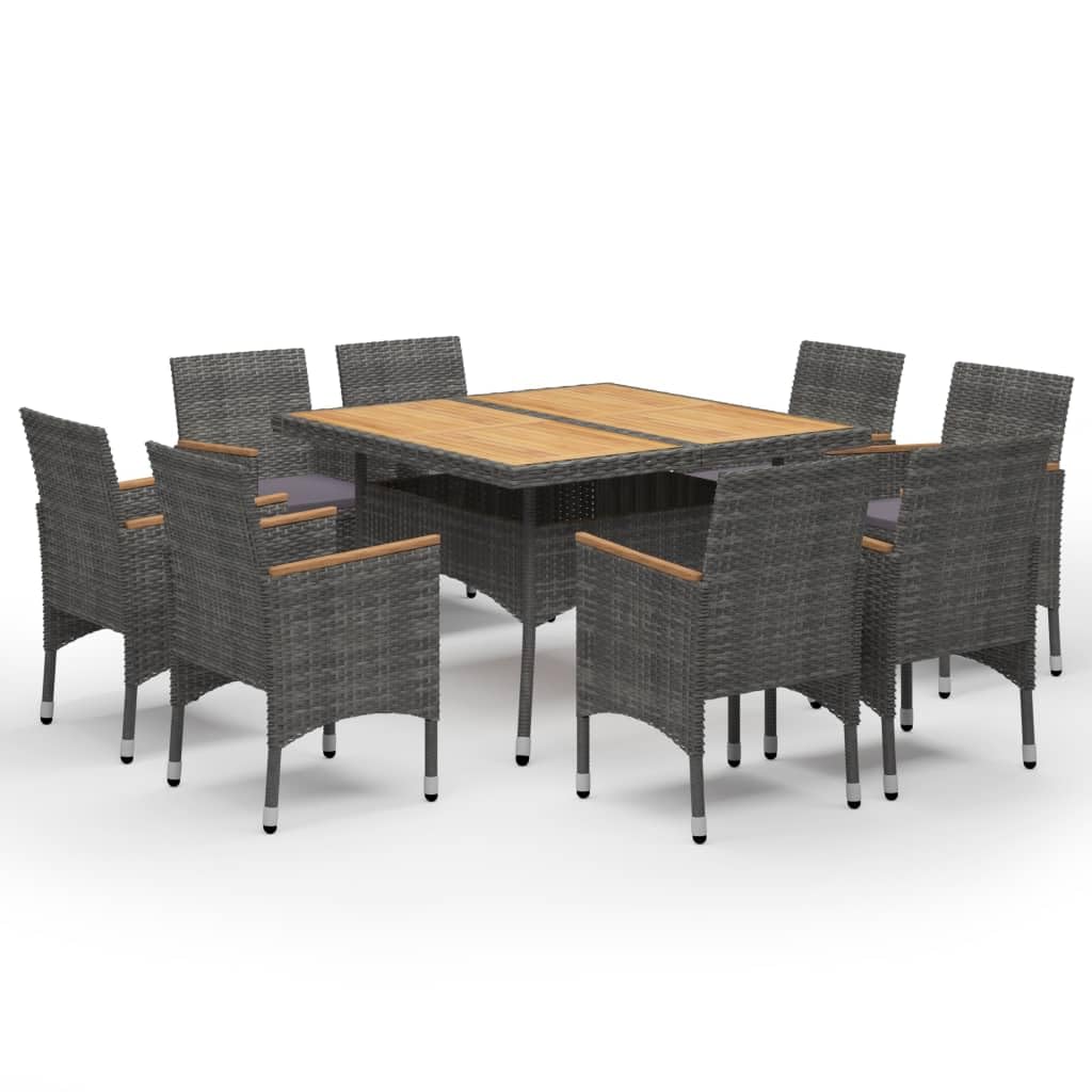 vidaXL Solid Acacia Wood Patio Dining Set 9 Piece Outdoor Garden Terrace Yard Wooden Dining Table and Chair Seating Seat Furniture Poly Rattan Gray
