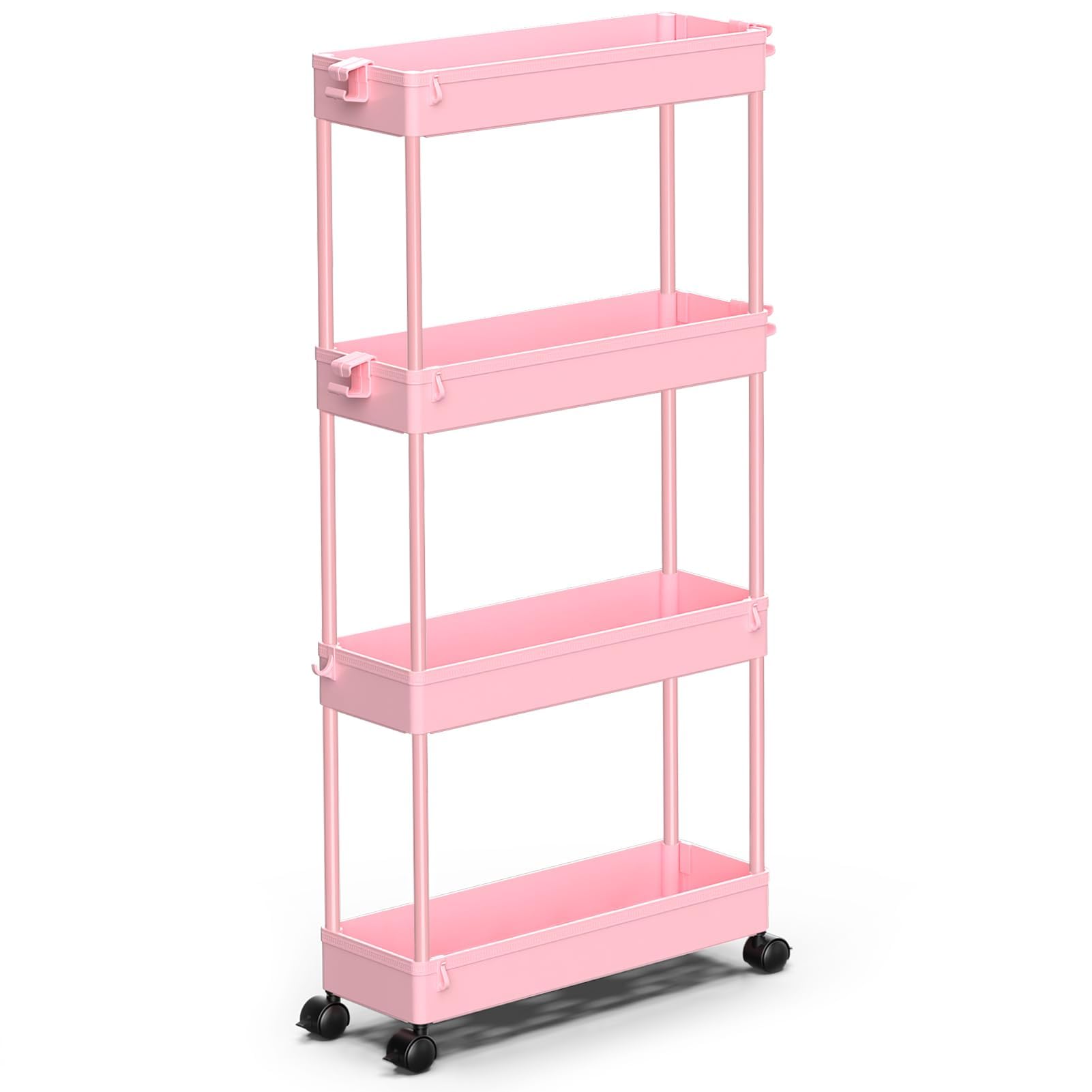 Spacekeeper Slim Rolling Storage Cart 4 Tier Bathroom Organizer Utility Cart Mobile Shelving Unit Tower Rack For Kitchen, Laundry Room, Bathroom, Narrow Places, Pink
