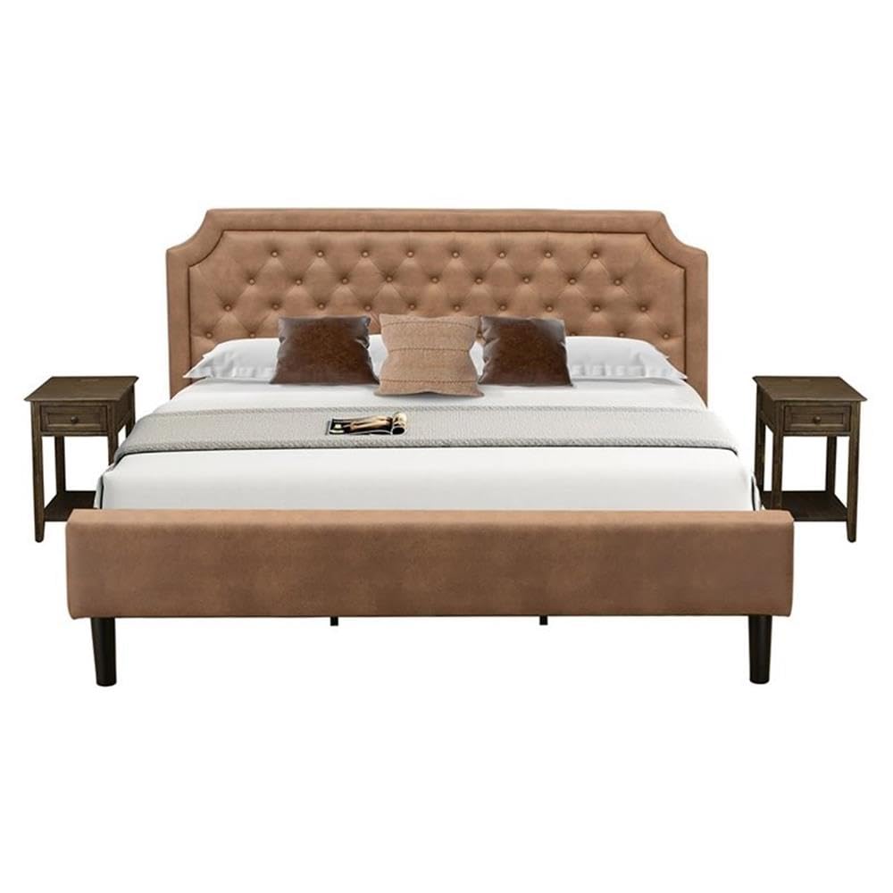 East West Furniture Gb28K2De07 3Pc Platform King Size Bed Set With Button Tufted Bed Frame And 2 Distressed Jacobean Mid Centu