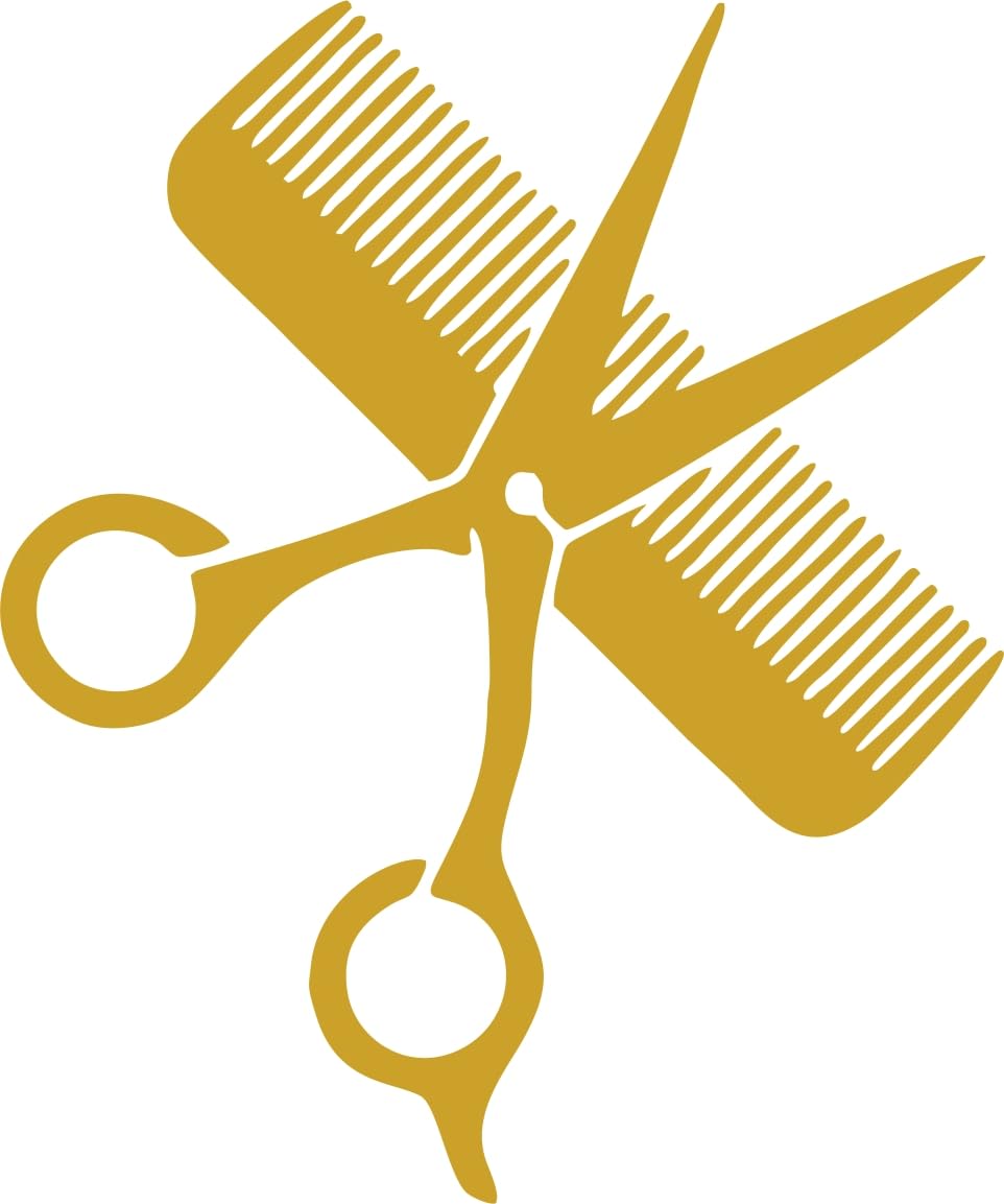 Scissors And Comb Silhouette Wall Art, Barber Salon Theme, Self Adhesive Glossy Paper, Glossy Finish, (Golden, 10 X 12 Inch)