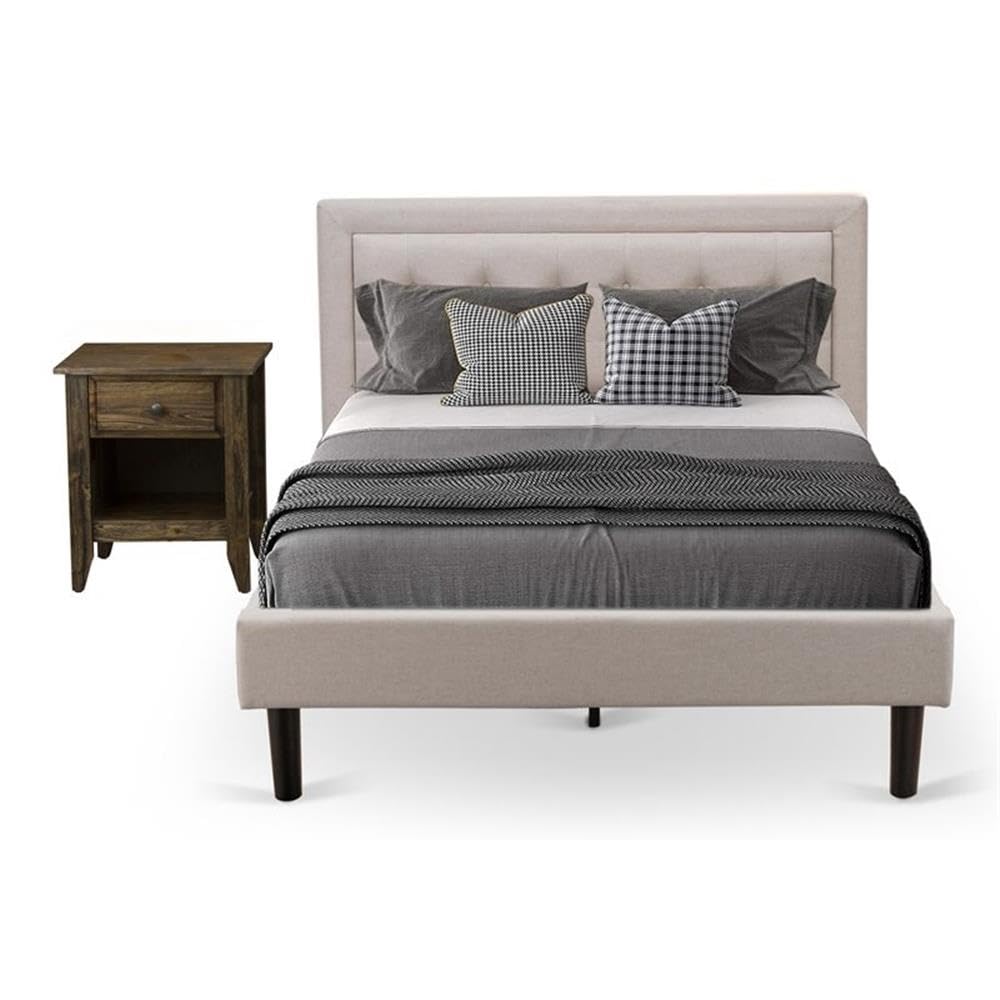East West Furniture FN08F-1GA07 2-Pc Platform Bedroom Furniture Set with 1 Wood Bed Frame and a Bedroom Nightstand - Reliable and Durable Manufacturing - Mist Beige Linen Fabric