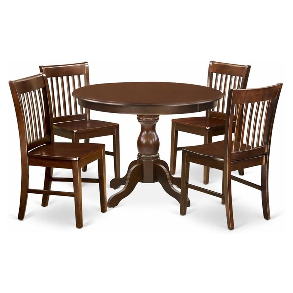 East West Furniture HBNF5-MAH-W 5 Piece Kitchen Table Set for 4 Includes a Round Dining Room Table with Pedestal and 4 Solid Woo
