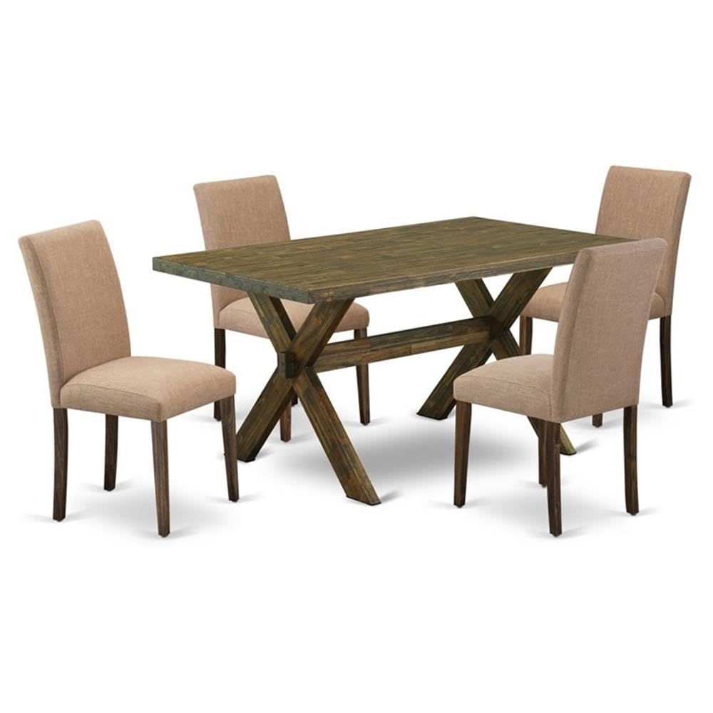 East West Furniture X776Ab747-5 5 Piece Kitchen Table Set Includes A Rectangle Dining Table With X-Legs And 4 Light Sable Linen Fabric Parson Dining Room Chairs, 36X60 Inch, Multi-Color