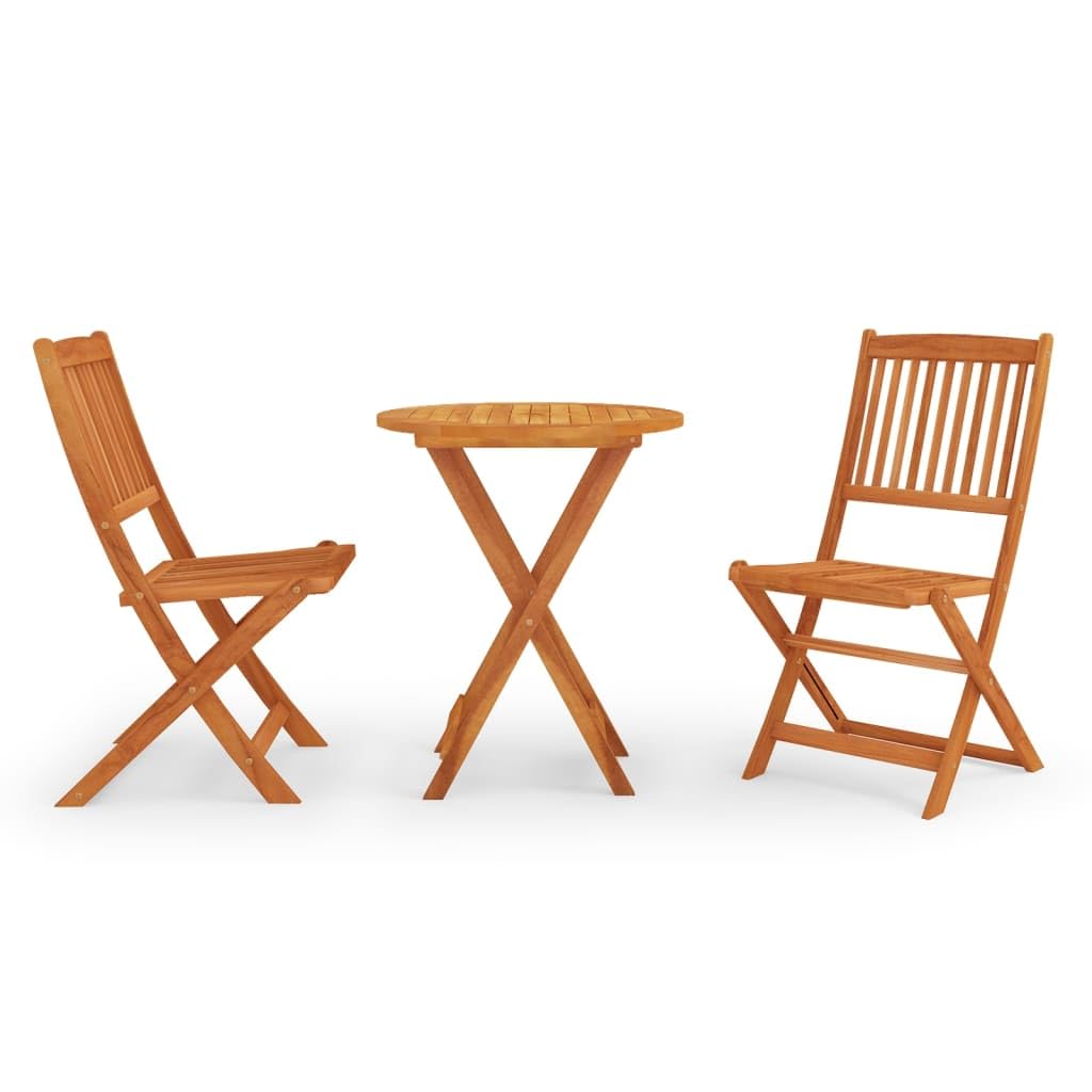 vidaXL Outdoor Patio Dining Set with Foldable Table and Chairs, 3-Piece, Solid Eucalyptus Wood, Round Table with Parasol Hole, R
