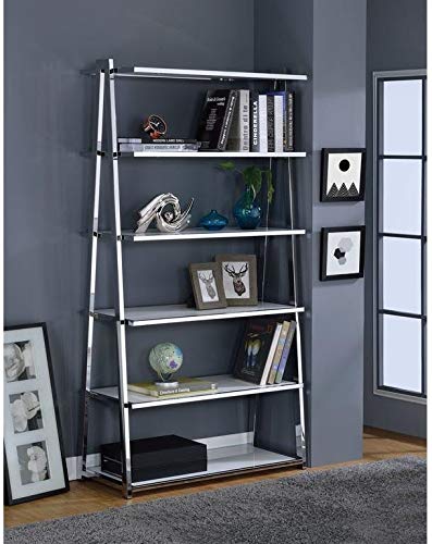 HomeRoots Metal Tube, MDF, Poly Ven 36' X 16' X 71' White High Gloss and Chrome Bookcase