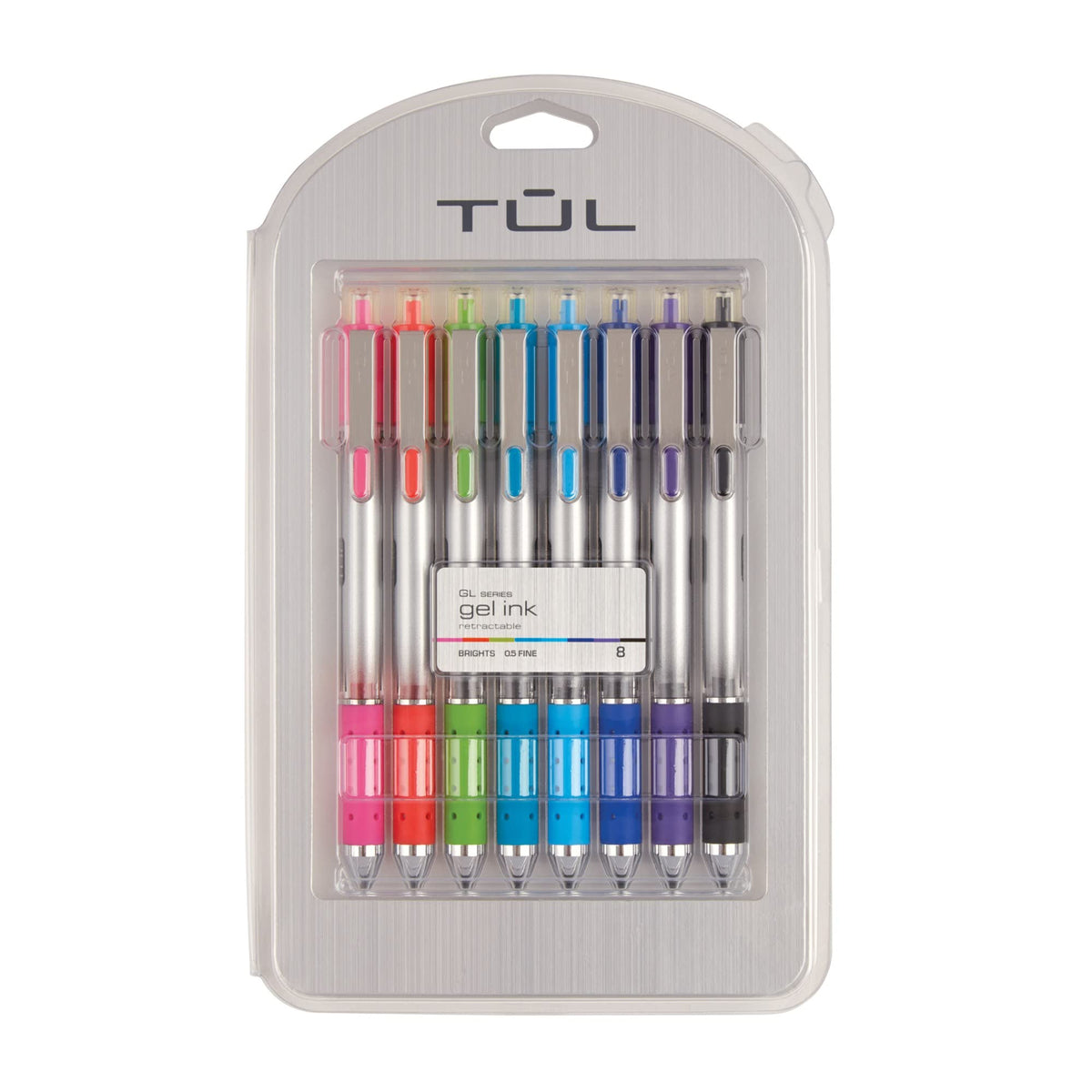 TUL Retractable Gel Pens, 0.5mm Needle Point, Gray Barrel, Assorted Bright Ink Colors, Pack of 8