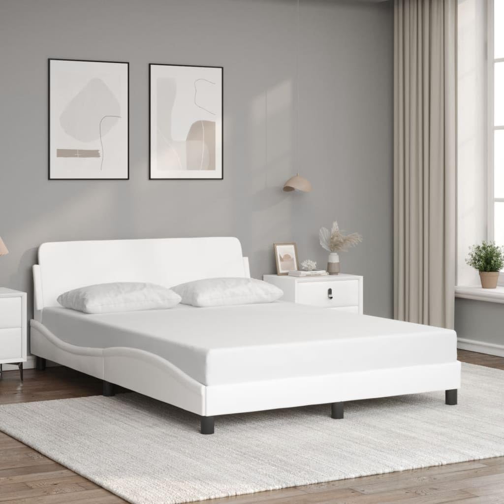 vidaXL White Faux Leather Bed Frame with Headboard - 53.9"x74.8" - Durable, Easy Clean Surface, Sleek Design for Modern Bedrooms
