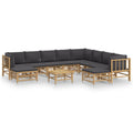 vidaXL 11-Piece Outdoor Patio Lounge Set with Dark Gray Cushions, Bamboo Material, Includes Modular Sofas, Footstool, Table, Far