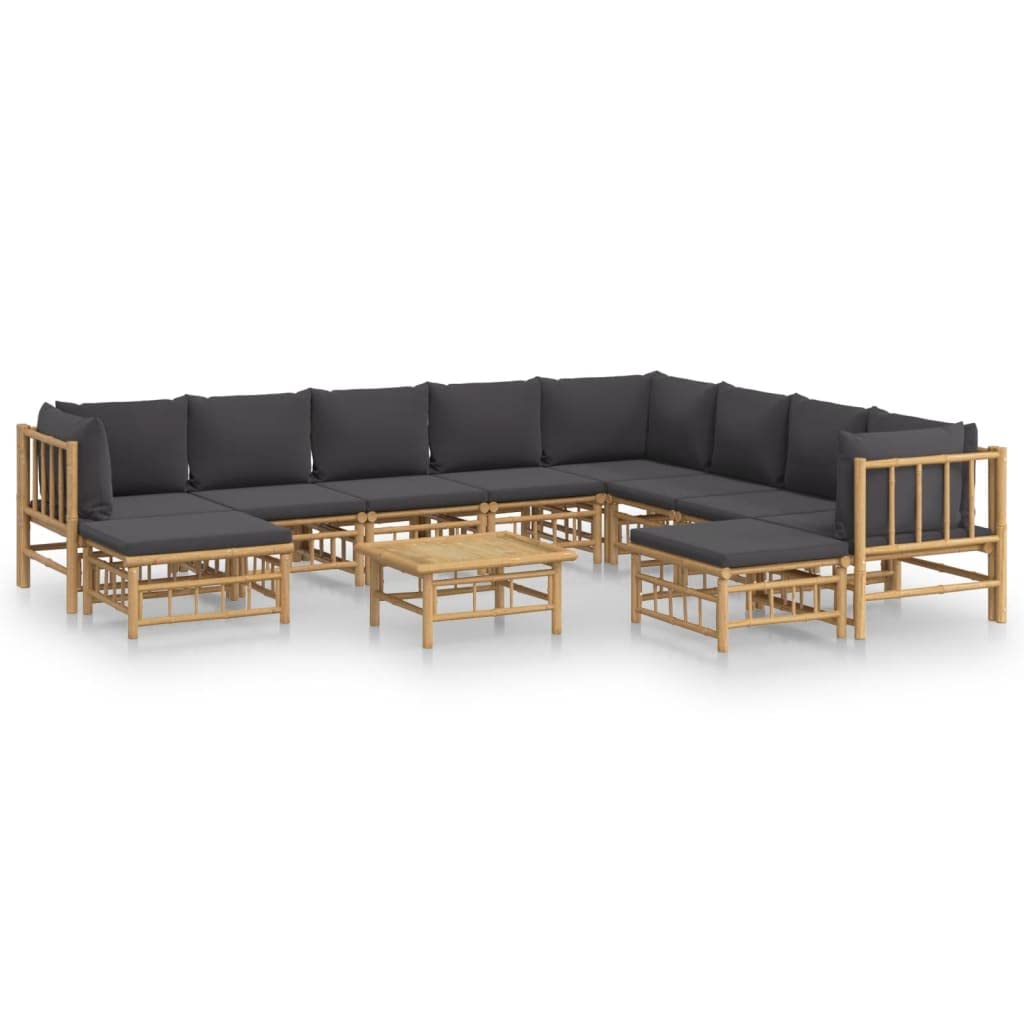 vidaXL 11-Piece Outdoor Patio Lounge Set with Dark Gray Cushions, Bamboo Material, Includes Modular Sofas, Footstool, Table, Far