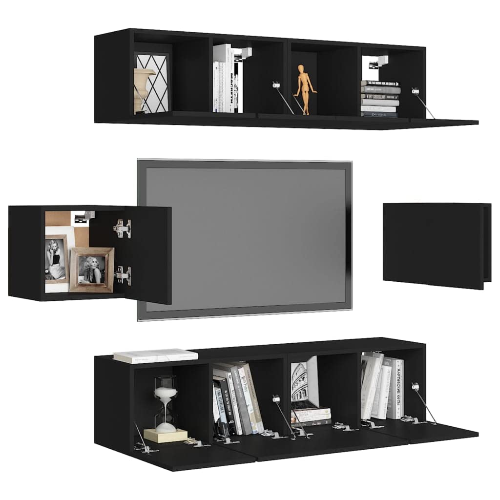 vidaXL TV Cabinet Set 6 Piece Home Indoor Living Room Hanging Wall-Mounted Stereo Plasma HiFi Cabinet TV Stand Unit Furniture Black Engineered Wood