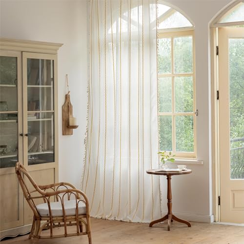 Sutuo Home Boho Curtains For Living Room Bedroom, Semi Blackout Farmhouse Vintage Shabby Chic Tassels Window Treatment Bohemian Embroidery Drape, Rod Pocket 1 Panel 52' W X 96' L, White And Gold