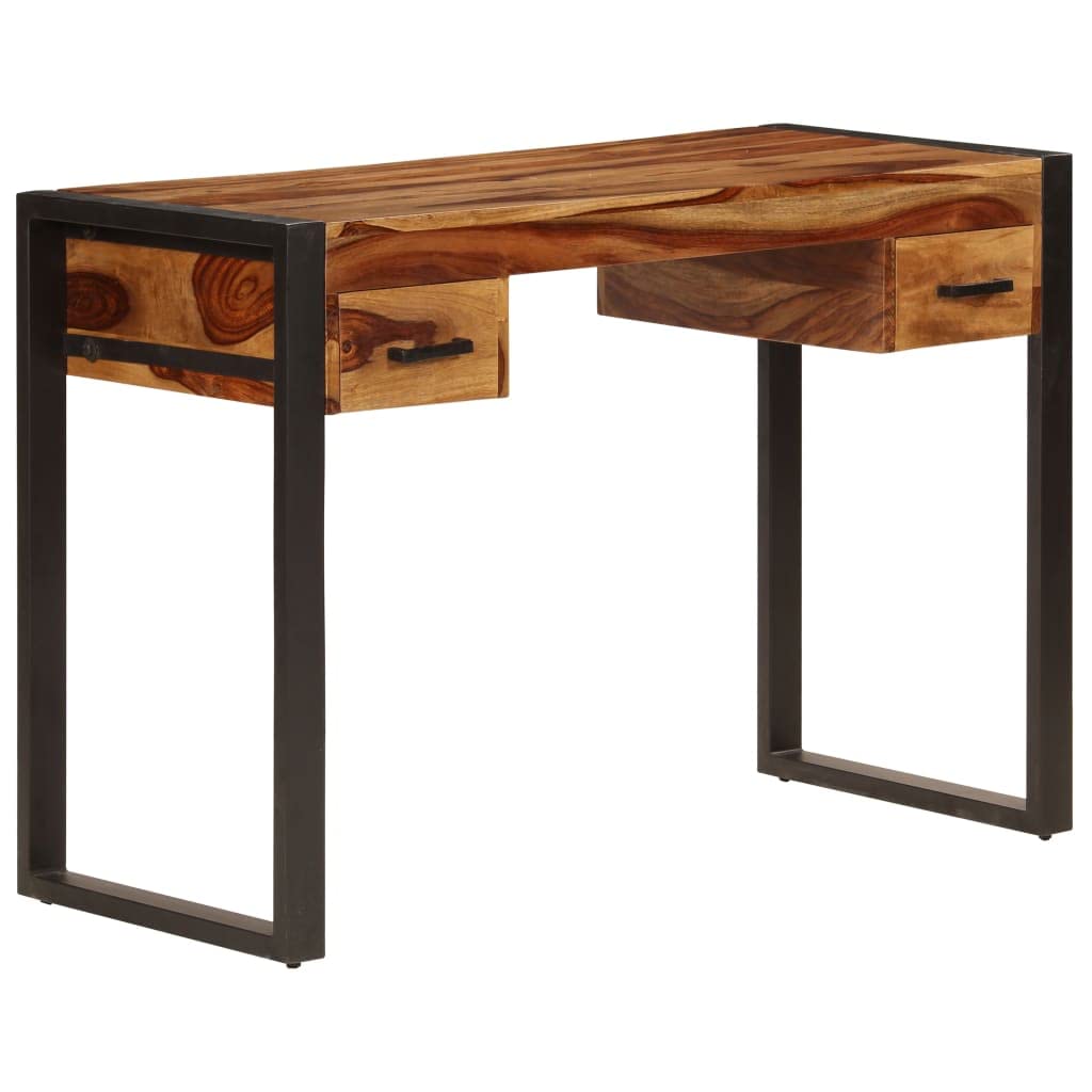 vidaXL Solid Sheesham Wood Desk - Industrial Style Writing Desk with 2 Drawers, Durable Steel Frame, Multifunctional Home Office Furniture, 43.3"x19.7"x30.3"