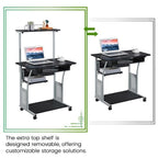 Yaheetech 2 Tier Mobile Computer Desk With Printer Shelf & Keyboard Tray Rolling Computer Table For Small Spaces, Compact Study Workstation With Wheels, Space Saving, Black