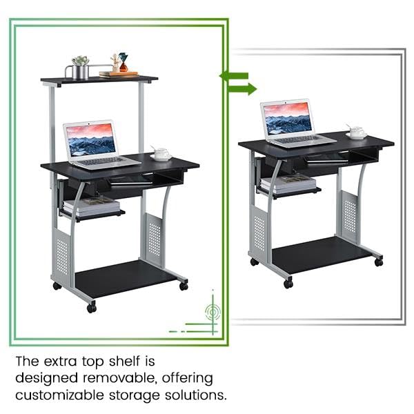 Yaheetech 2 Tier Mobile Computer Desk With Printer Shelf & Keyboard Tray Rolling Computer Table For Small Spaces, Compact Study Workstation With Wheels, Space Saving, Black