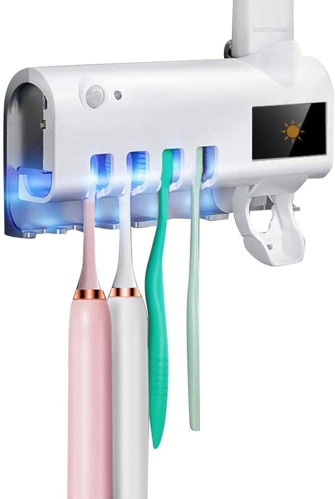 UV Toothbrush Holder with Toothpaste Dispenser  Wall Mounted, 2 Compartments, Automatic Sterilizer, White