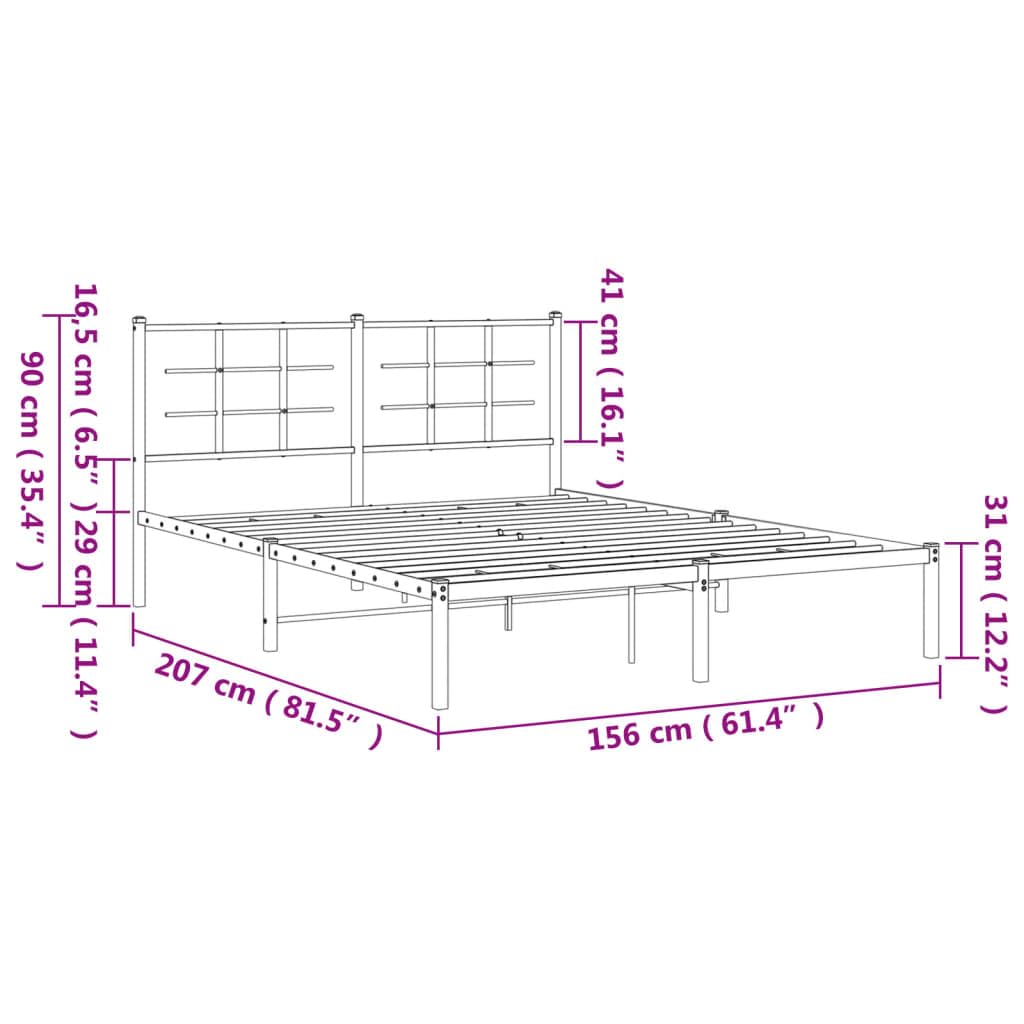 vidaXL Black Steel Double Bed Frame - Modern Bedroom Furniture with Headboard, Metal Slats, Under Bed Storage, 81.5"x61.4"x35.4"