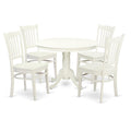 East West Furniture HLGR5-LWH-W 5 Piece Dining Room Furniture Set Includes a Round Dining Table with Pedestal and 4 Wood Seat Chairs, 42x42 Inch, Linen White