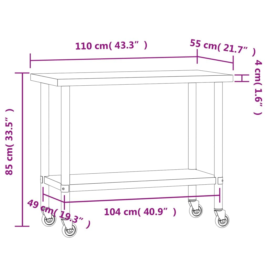 vidaXL Stainless Steel Rolling Kitchen Work Table - 43.3"x21.7"x33.5", Lower Shelf, Lockable Wheels for Restaurant & Commercial Use