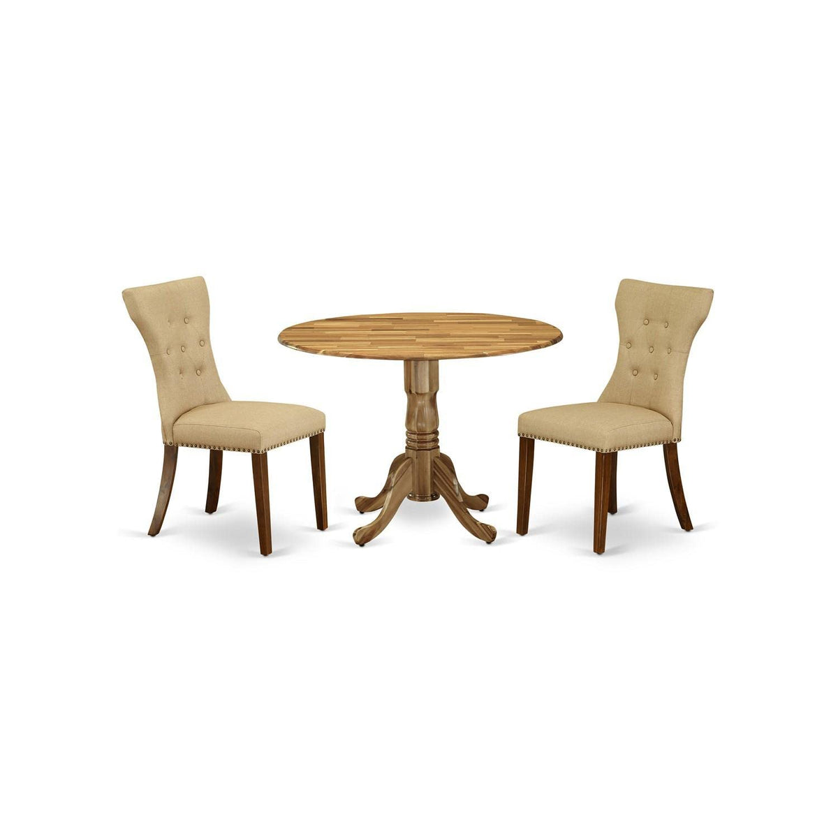 East West Furniture Dlga3-Ana-03 3 Piece Kitchen Table Set For Small Spaces Contains A Round Dining Room Table With Dropleaf And 2 Brown Linen Fabric Padded Chairs, 42X42 Inch, Natural