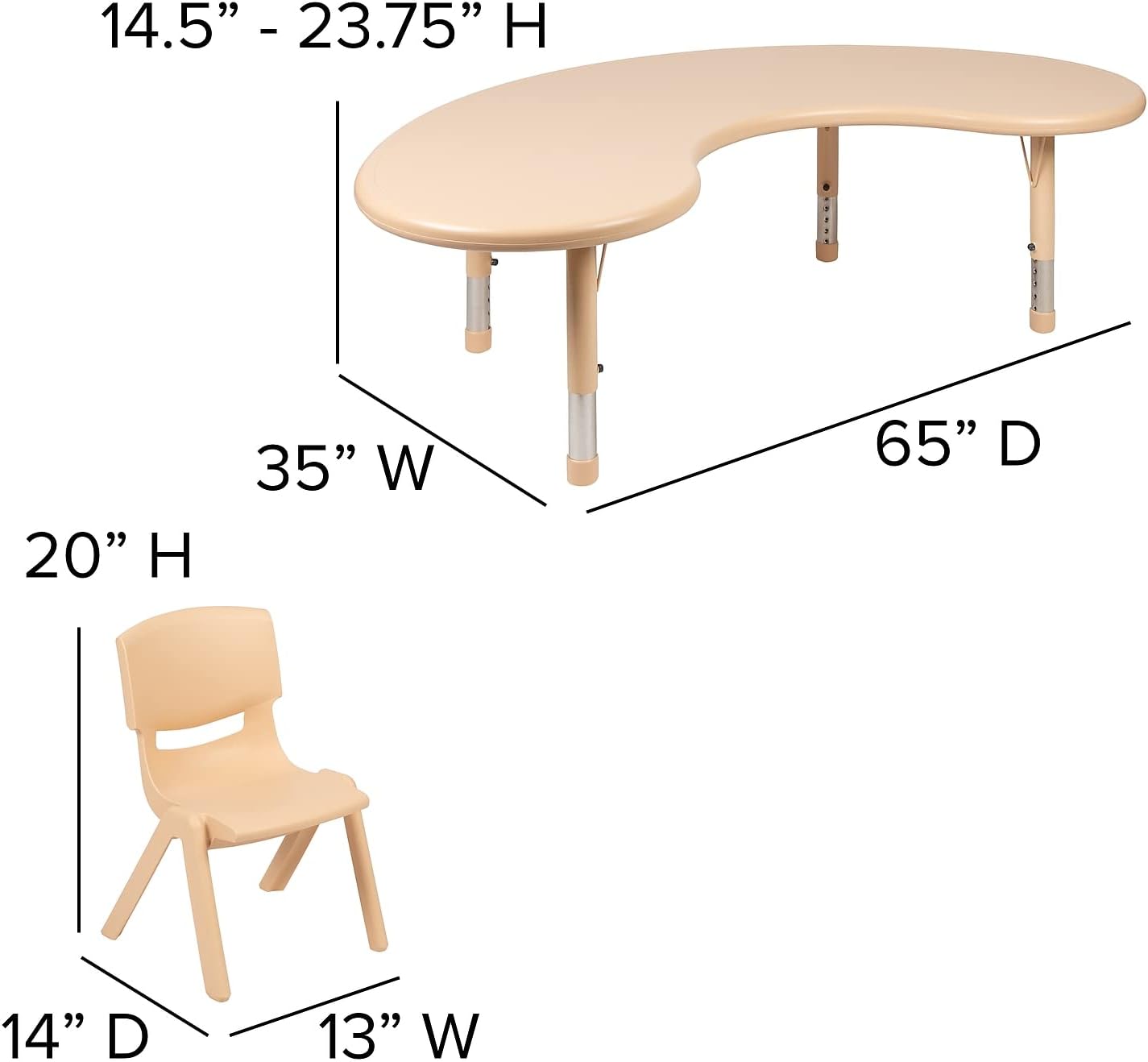 35W x 65L Half-Moon Natural Plastic Height Adjustable Activity Table