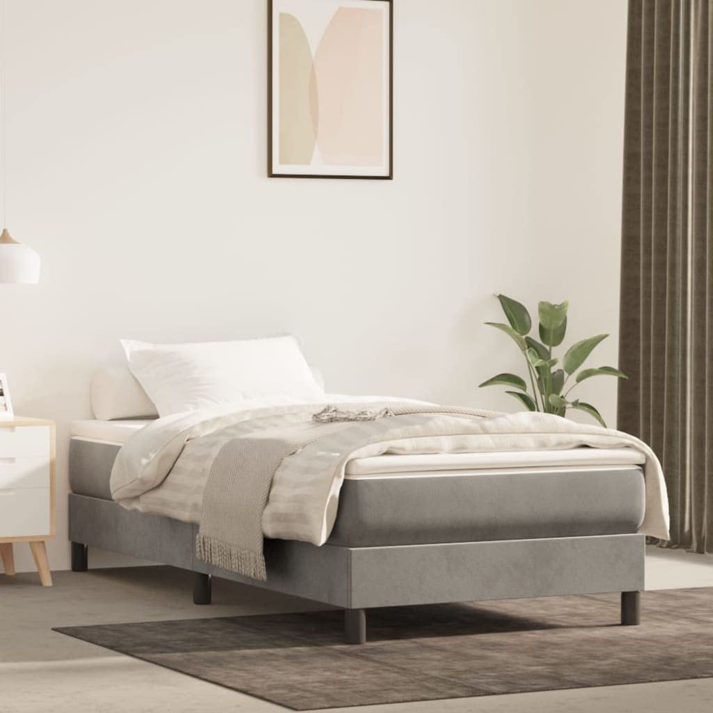 vidaXL Velvet Box Spring Bed Frame - Light Gray, Twin XL, Modern, Polyester, Plywood, Engineered Wood, 81.1"x39.4"x9.8" Dimensions