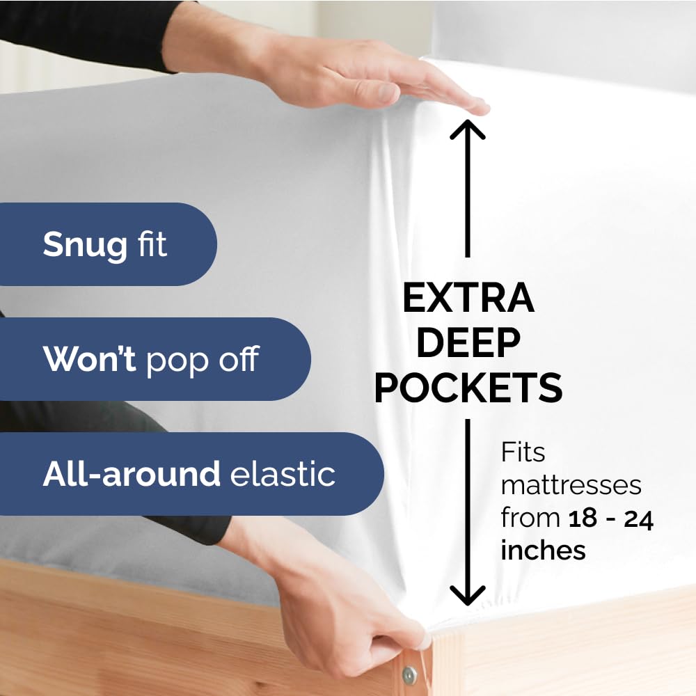 Extra Deep Queen Fitted Sheet - Hotel Luxury Single Fitted Sheet Only - Easily Fits 18 Inch To 24 Inch Mattress - Soft, Wrinkle