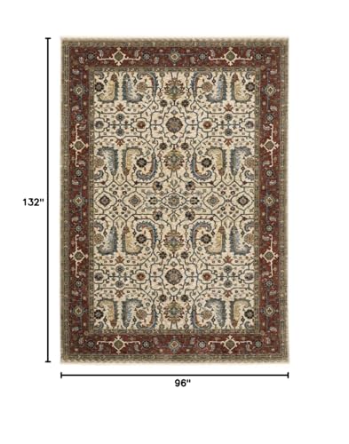 HomeRoots 507987 8 x 11 ft. Ivory Red Green Gray Blue & Navy Oriental Power Loom Stain Resistant Rectangle Area Rug with Fringe