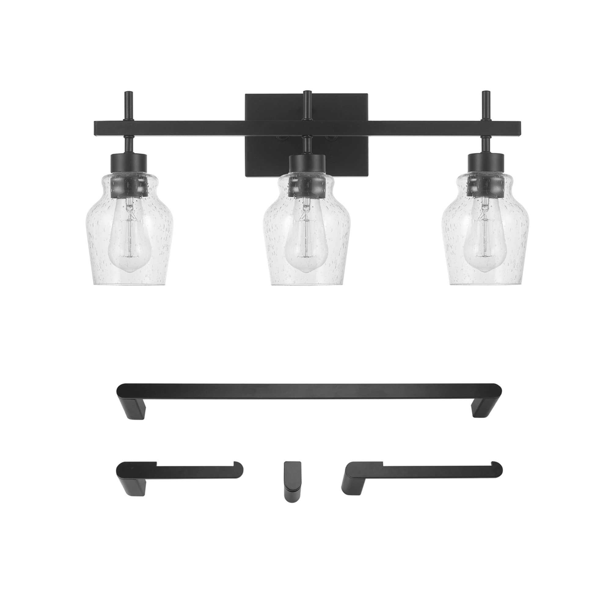 Globe Electric 52063 Bunbury 5-Piece All-in-One Bathroom Set, Matte Black, 3-Light Vanity Light with Seeded Glass Shades, Towel 