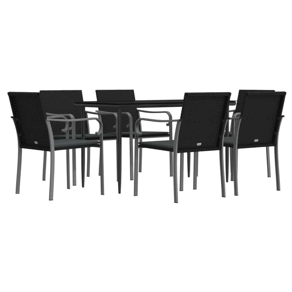 vidaXL 5 Piece Patio Dining Set - Black, Comfortable Armrest Chairs with Steel Frame, Weather-Resistant PE Rattan, Tempered Glass Tabletop, Dark Gray Fabric Cushions