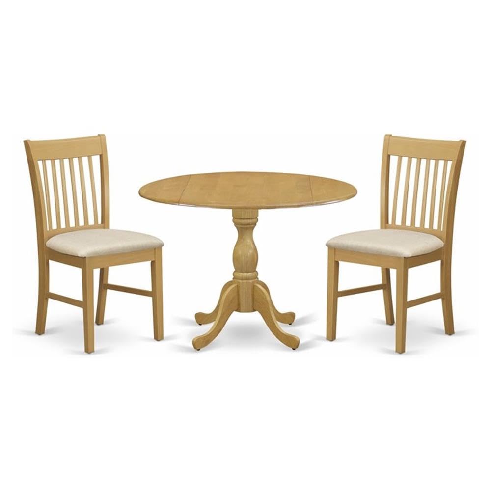 East West Furniture DMNF3-OAK-C 3 Piece Kitchen Table & Chairs Set Contains a Round Dining Room Table with Dropleaf and 2 Linen 